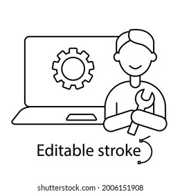 Computer diagnostic wizard outline icon. Computer problem. Laptop repairs. Customizable linear contour symbol. Editable stroke. Isolated vector stock illustration