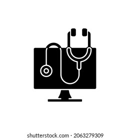 Computer diagnostics black glyph icon. Laptop problems scan. Fix electronics issue. Tech support, repair service. Online medical program. Silhouette symbol on white space. Vector isolated illustration