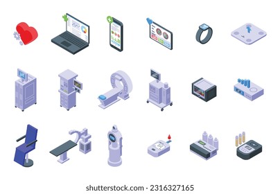 Computer diagnostics of health icons set isometric vector. Radiation therapy. Treatment patient