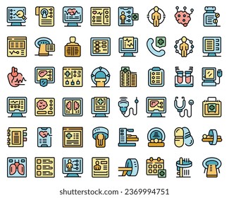 Computer diagnostics of health icons set outline vector. Radiation therapy. Treatment patient thin line color flat on white