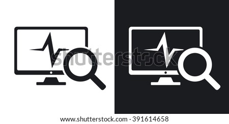 Computer diagnostics icon, vector. Two-tone version on black and white background