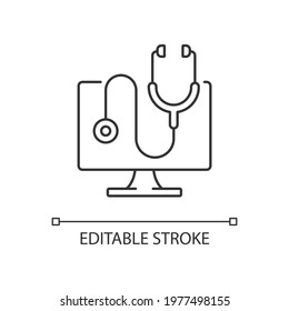 Computer diagnostics linear icon. Laptop problems scan. Fix electronics issue. Repair service. Thin line customizable illustration. Contour symbol. Vector isolated outline drawing. Editable stroke