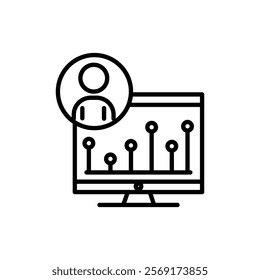 Computer, diagram, person. Management concept, income statistics. Vector icon isolated on white background.