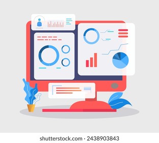 Computer with diagrams and reports vector illustration. Data analytics, finance, marketing concept