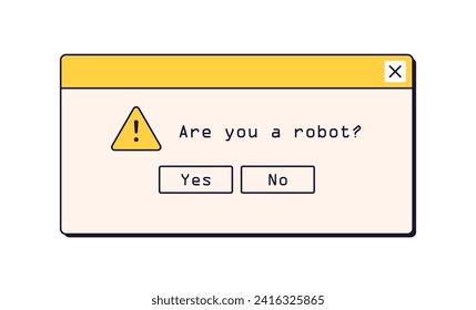 Computer dialog window in retro nostalgic style. Are you robot, verification question in old 90s message box. Security popup, 00s UI design. Flat vector illustration isolated on white background