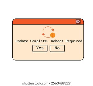 Computer dialog window in retro nostalgic style. update required, reboot required verification question in old 90s message box. Security popup, 00s UI design. Flat vector illustration 