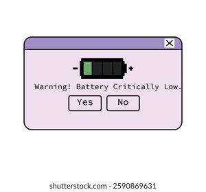 Computer dialog window in retro nostalgic style. Warning battery critically low, window alert in old 90s message box. Security popup, 00s UI design. Flat vector illustration isolated white background