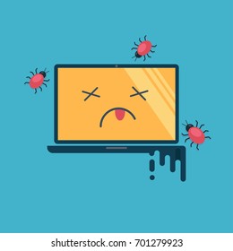 The computer died as a result of a virus attack. Viruses in the form of bugs crawl around the dead carcass. Flat design