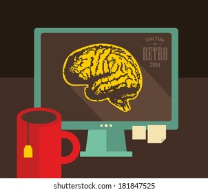 Computer with digital brains on the screen. Vector illustration in vintage style.