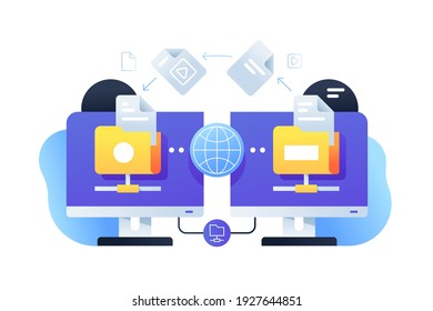 Computer Digital File Sharing Using Connection With Online App. Isolated Icon Concept Of Pc Technology For Web Business Documents Using Network Service. Vector Illustration.