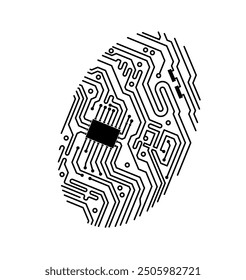 Computer digital fingerprint with chipset on circuit board, vector technology. Fingerprint with computer chip and circuit board pattern for digital biometric identification and identity verification