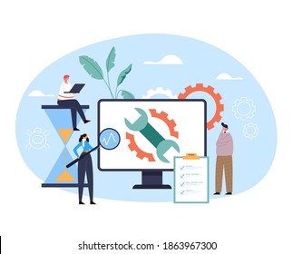 El concepto de servicio de asistencia técnica para el diagnóstico de reparación digital por ordenador. Ilustración de diseño gráfico plano vectorial