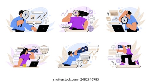 Computer digital search. Business people with binoculars and magnifier. Job research. Man working at laptop. Online information. Web technology. SEO system. Woman finding data. Vector concepts set