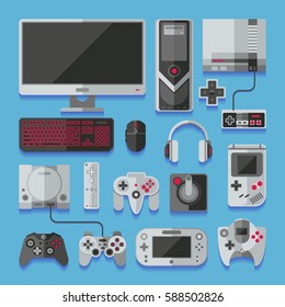 Computer, digital video online game console, game tools vector set