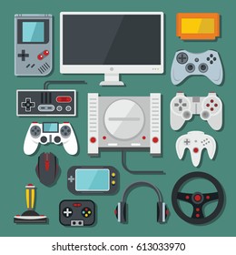 Computer, digital video online game console, game tools vector set. Color flat