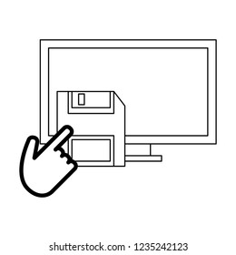 computer with diskette and cursor black and white