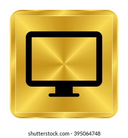 computer display - black vector icon;  gold button