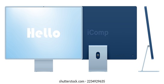 computer display blue color with colored screen front, back and side view isolated on white background. realistic and detailed mockup of monitor for system unit. vector illustration