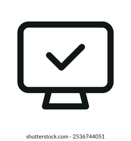 Computer display with check mark UI icon, monitor screen ok simple line user interface vector symbol