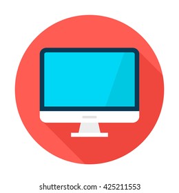 Computer Display Circle Icon. Vector Illustration Flat Style Round Icon with Long Shadow. Electronic Gadget Monitor.