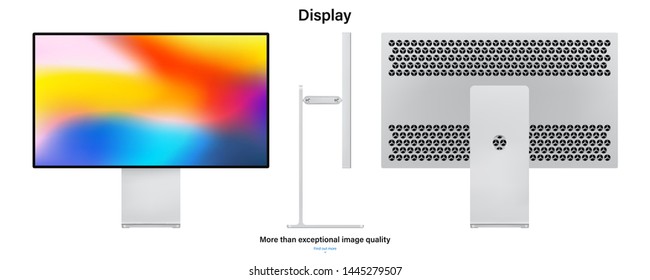 computer display with colorful screen saver for system unit isolated on white background. realistic and detailed monitor mockup on three sides. stock vector illustration