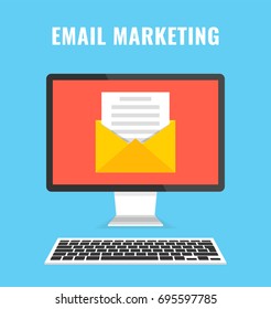 Computer display with envelope and read email on screen. Email marketing, internet advertising concepts. Flat cartoon style. Vector illustration.