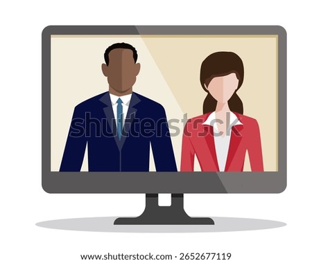 Computer display of a faceless African American man and a Caucasian woman, both dressed in suits. Virtual event, online meeting or tech events, remote work, digital communication.