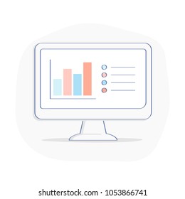 Computer Display with Graphs, Chart Bars and Financial Analytics. Business and fin-tech, financial symbol concept design, analytics dashboard on Monitor. Flat outline vector illustration template.