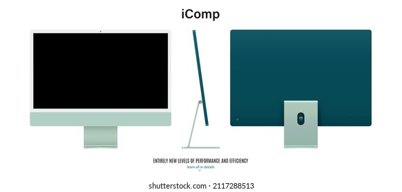 computer display green color with black screen front, back and side view isolated on white background. realistic and detailed mockup of monitor for system unit. vector illustration
