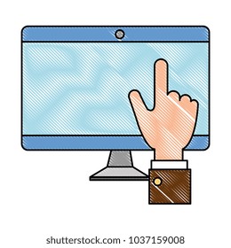 computer display with hand touching