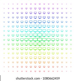Computer Display icon rainbow colored halftone pattern. Vector computer display shapes organized into halftone grid with vertical spectrum gradient. Designed for backgrounds,