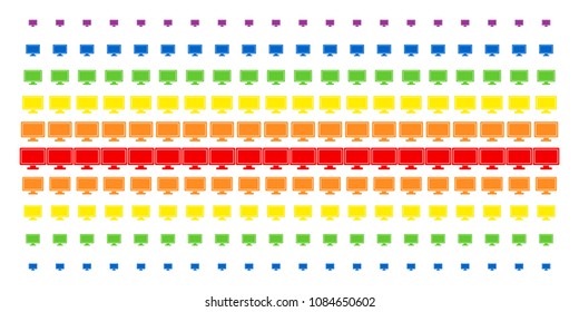 Computer Display icon spectral halftone pattern. Vector pictograms organized into halftone matrix with vertical spectral gradient. Constructed for backgrounds, covers, templates and abstract effects.