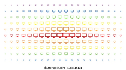 Computer display icon spectral halftone pattern. Vector computer display symbols are organized into halftone array with vertical rainbow colors gradient. Constructed for backgrounds, covers,