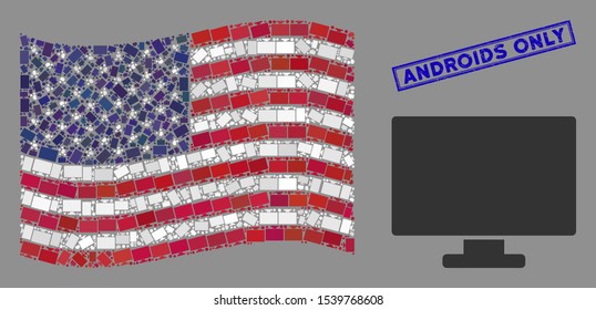 Computer display icons are arranged into American flag abstraction with blue rectangle distressed stamp seal of Androids Only phrase.