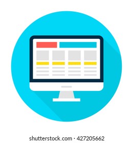 Computer Display Landing Page Circle Icon. Vector Illustration Flat Style Round Icon with Long Shadow. Electronic Gadget.