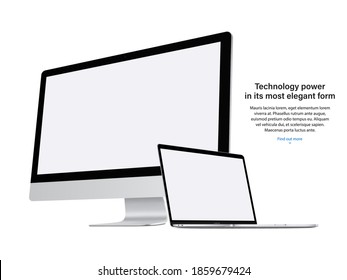 computer display and laptop silver color with blank screen saver isolated on white background. realistic and detailed mockup of monitor and notebook. stock vector 3d isometric illustration