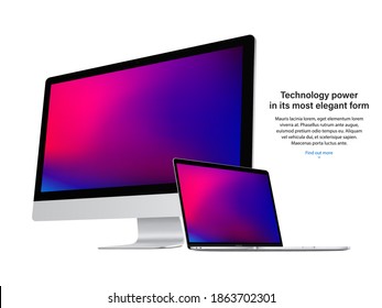 computer display and laptop silver color with colored screen saver isolated on white background. realistic and detailed mockup of monitor and notebook. stock vector 3d isometric illustration