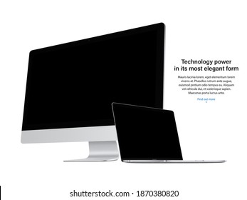 computer display and laptop silver color with black screen saver isolated on white background. realistic and detailed mockup of monitor and notebook. stock vector 3d isometric illustration