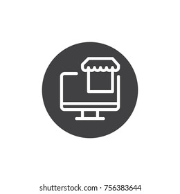 Computer display with market icon vector, filled flat sign, solid pictogram isolated on white. Ecommerce symbol, logo illustration.