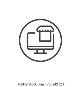 Computer display with market line icon, outline vector sign, linear style pictogram isolated on white. Ecommerce symbol, logo illustration. Editable stroke