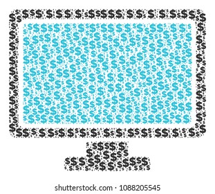 Computer display mosaic of dollars and round points. Vector dollar signs are arranged into computer display shape.