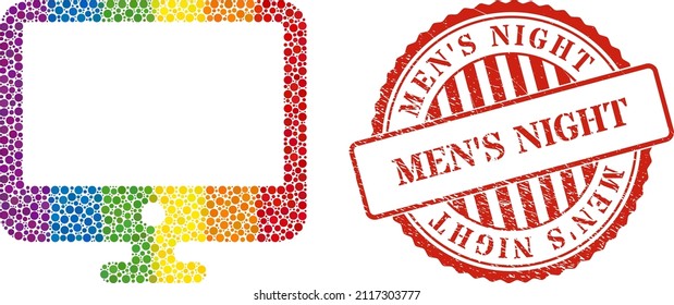 Computer display mosaic icon of circle elements in various sizes and spectrum colored color hues. Red rounded scratched seal stamp with Men'S Night title.