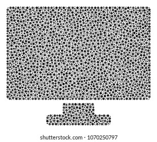 Computer Display mosaic of small circles in variable sizes and color shades. Small circles are grouped into computer display vector collage. Dotted vector design concept.