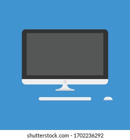 Computer display mouse keyboard with blue background. Flat graphic design.