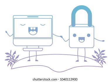computer display and padlock kawaii characters