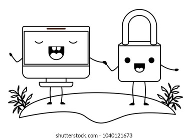 computer display and padlock kawaii characters
