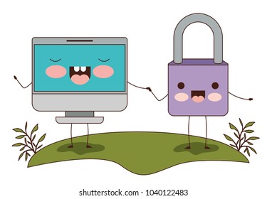computer display and padlock kawaii characters