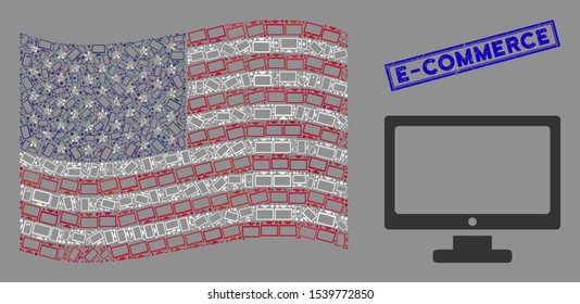 Computer display pictograms are organized into American flag collage with blue rectangle grunge stamp watermark of E-Commerce phrase.