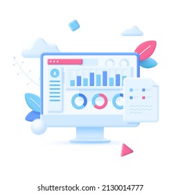 Computer display with pie charts and bar graph on screen. Concept of internet service for online monitoring of business indicators. Modern colorful vector illustration in 3d style for banner, poster.