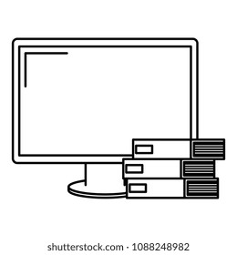 computer display with pile books